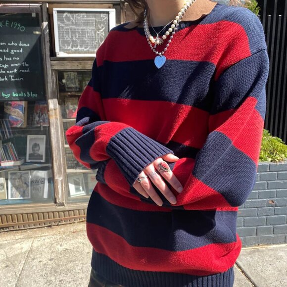 EUC Brandy Melville Brianna Cotton Thick Stripe Sweater Blue Red - Picture 1 of 4